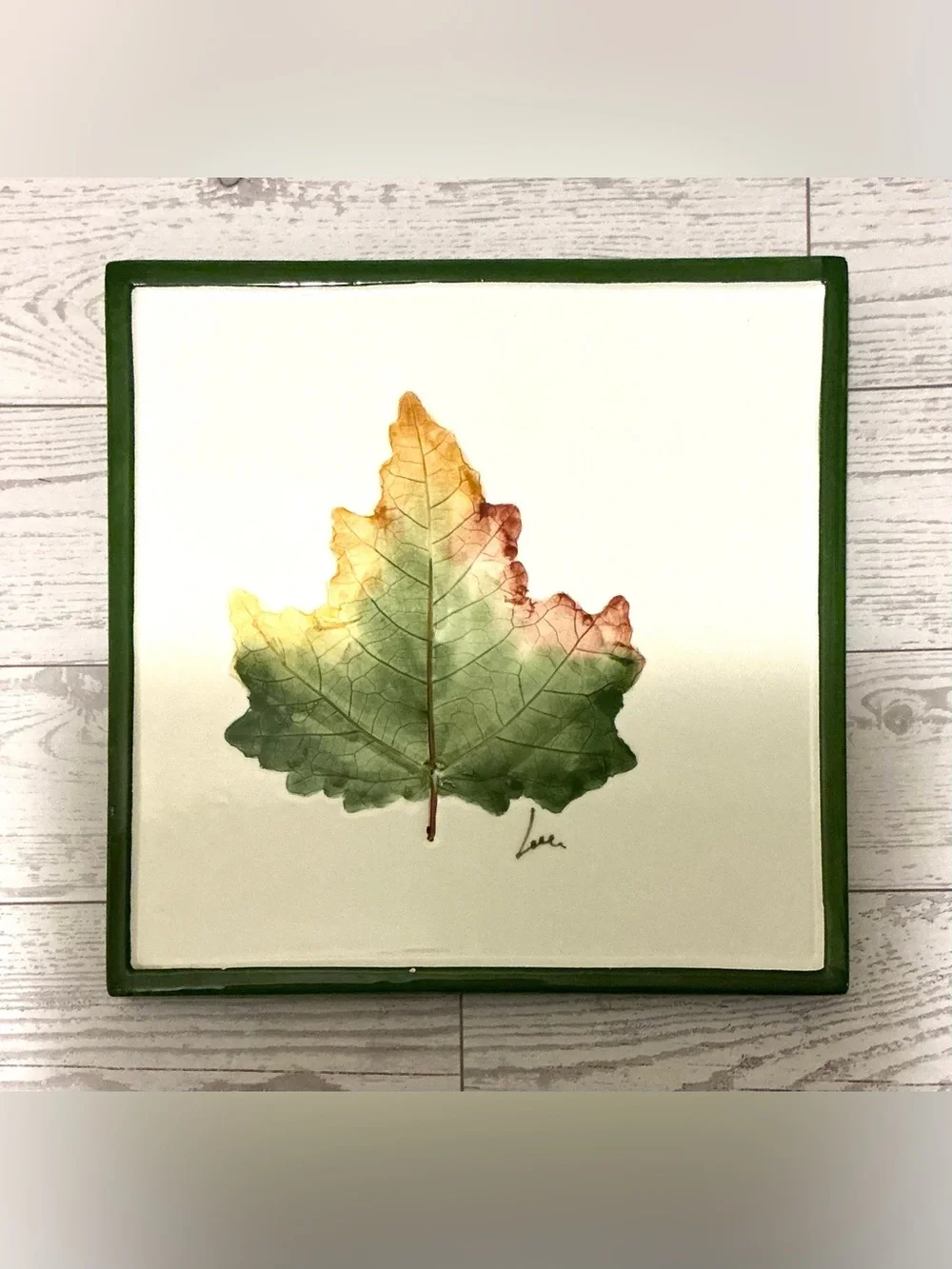 Pier 1 Ceramic Trivet with maple Leaf in Green, Cream and Brown